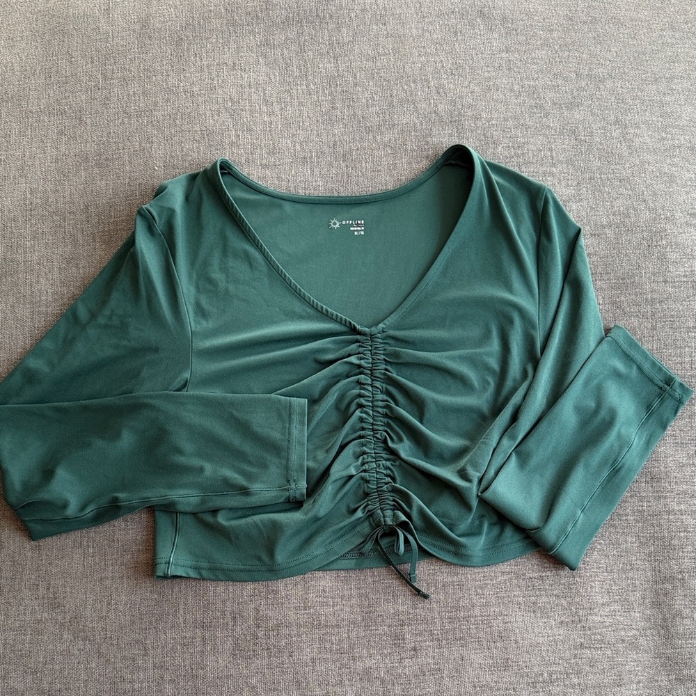Aerie Offline Green Ruched V-Neck crop top